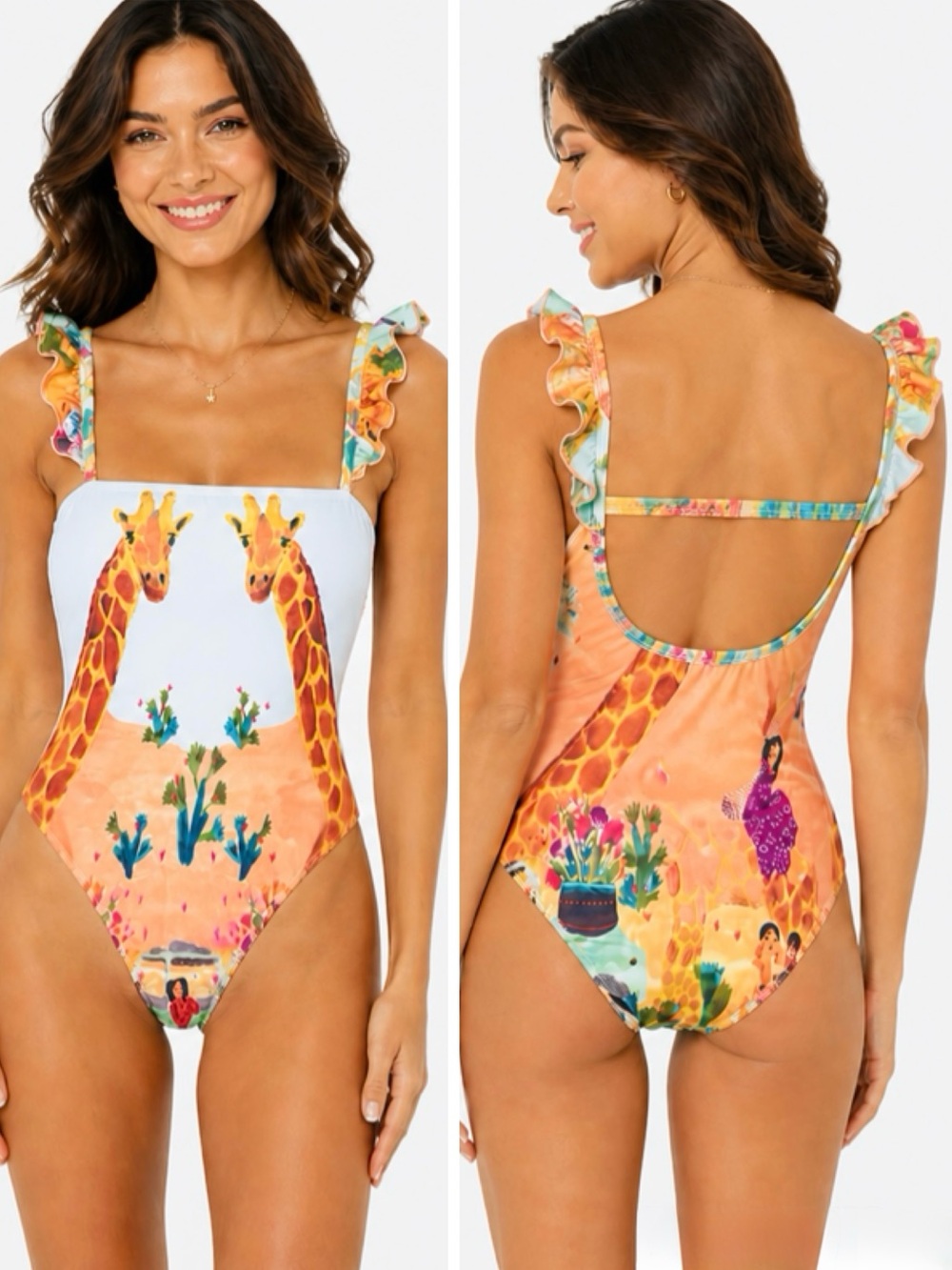 CAROLINA K. Giraffe Print Ruffle Sleeve One Piece Boho Swimsuit
